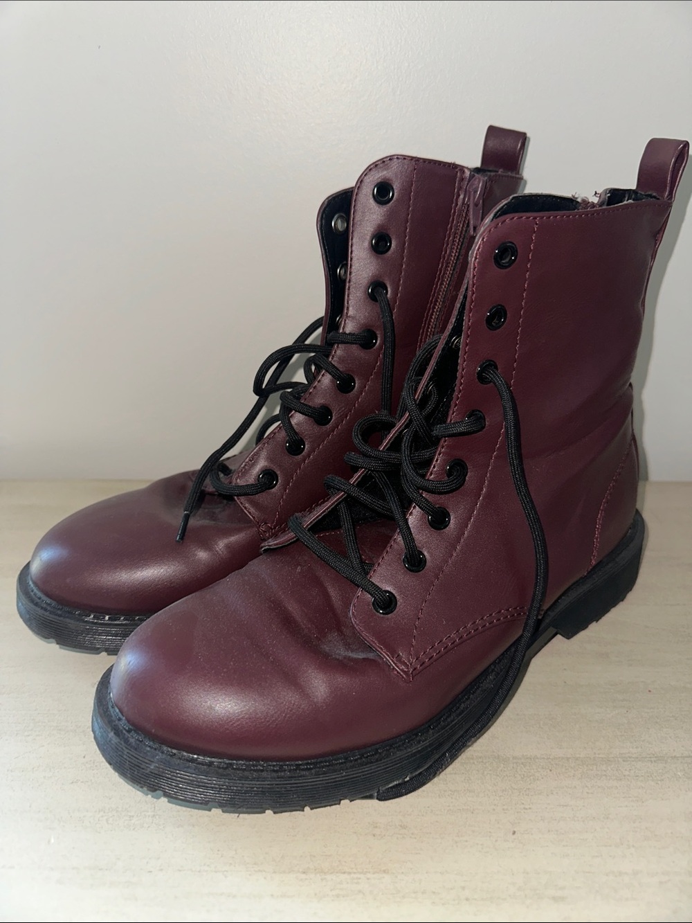 Time and Tru Wine Lace-Up Combat Boots with Black Sole